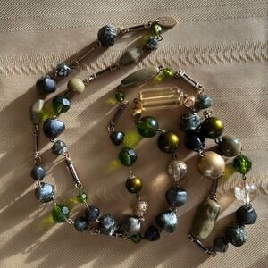 Express Vintage Italy Handmade Long Beaded Necklace 90's Green Gold Earth Tones